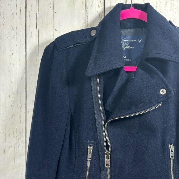 American Eagle Outfitters Asymmetrical Wool Blend Navy Blue Zip Moto Jacket - Picture 3 of 16